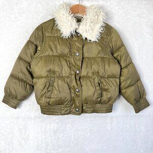 GAP Unisex Kids Sherpa Collar Fleece Lined Bomber Puffer Jacket S 6-7 Green